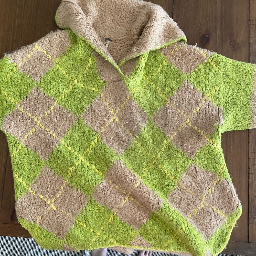 Free People Green and Tan Cowl Neck Sweater with Argyle Pattern